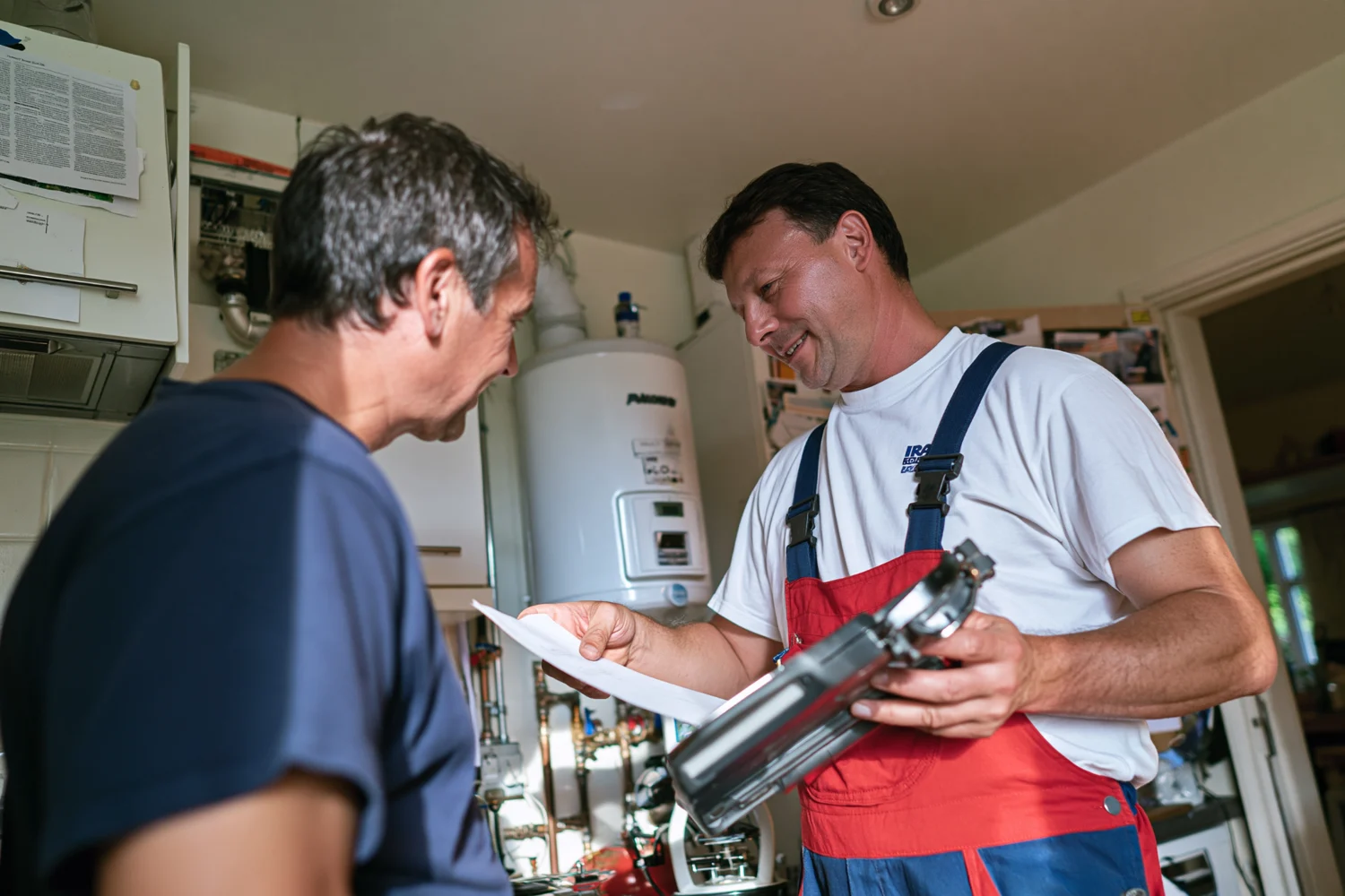 A plumber talking through a job with a customer at home